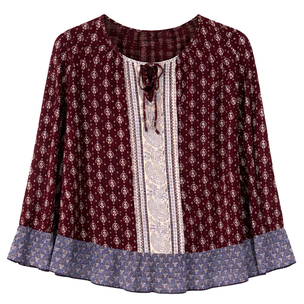 Lucky Brand Boho Blouse Small Burgundy Peasant Top Tie Neck Ruffle Hem Casual - Picture 2 of 9